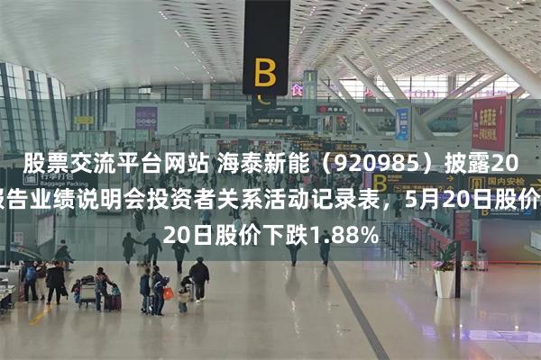 股票交流平台网站 海泰新能（920985）披露2025年年度报告业绩说明会投资者关系活动记录表，5月20日股价下跌1.88%